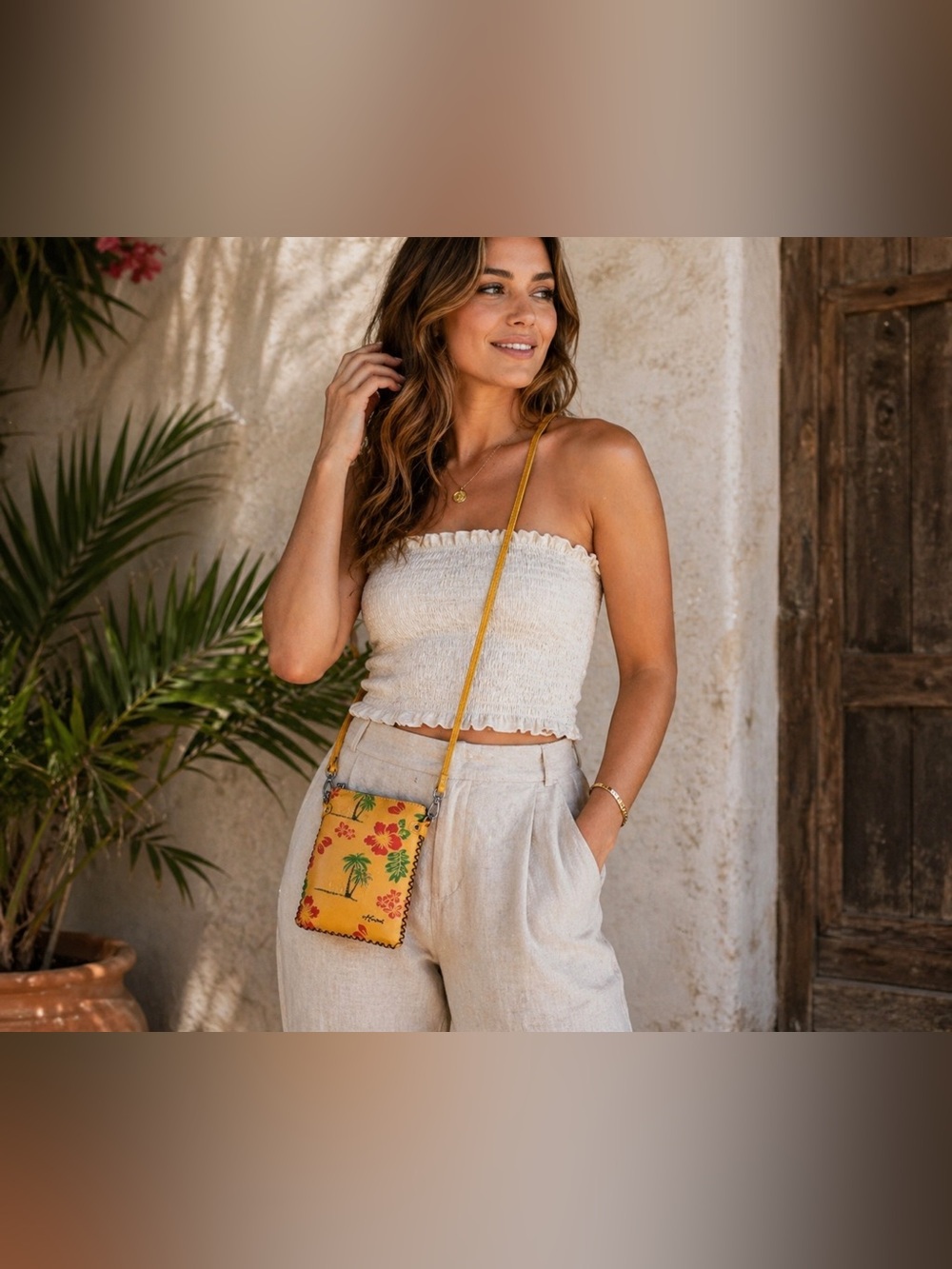 Vintage Hand Painted Leather Crossbody Bag Tropical Floral Palm Mini